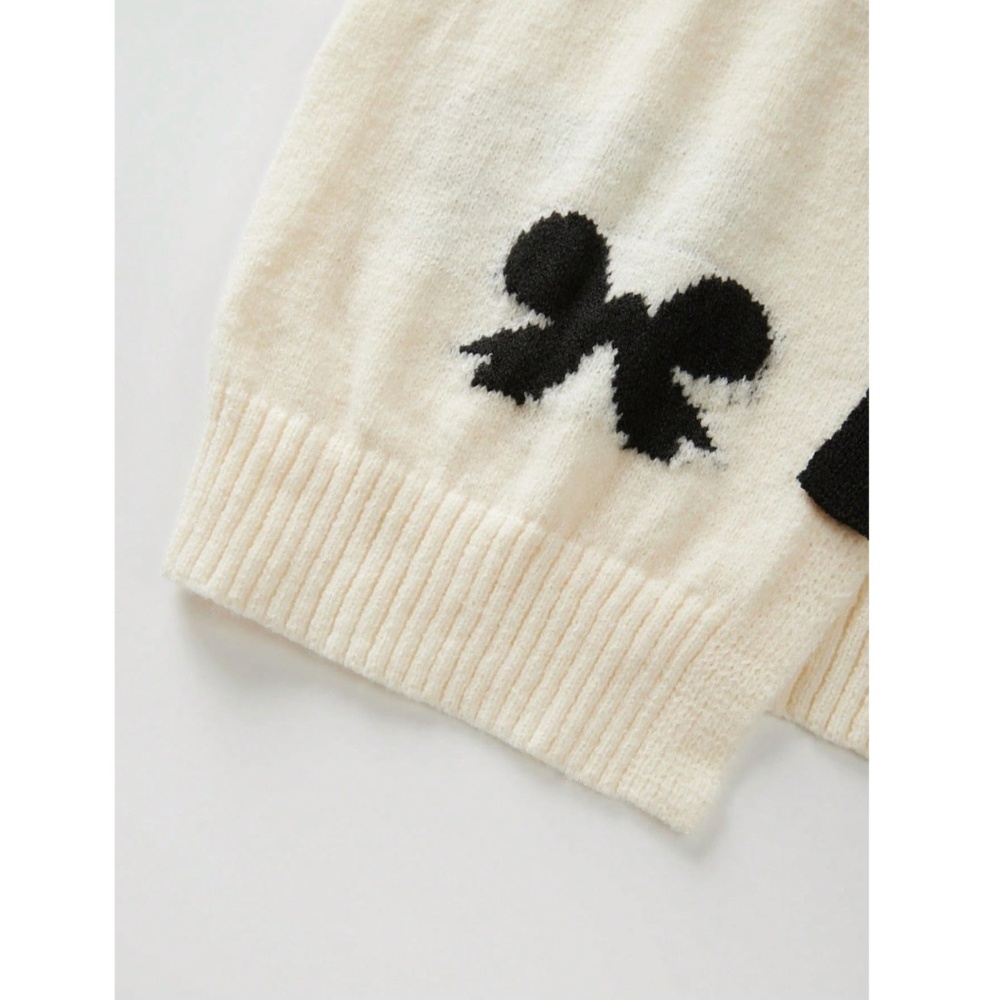 Off White Cardigan With Black Front Ties and Bow Print Pattern Oversized - Picture 6 of 10